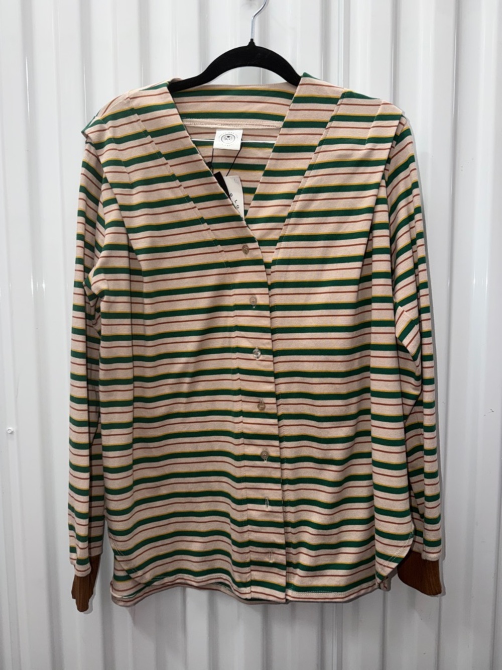 Striped V-Neck Button Front Jersey Top - Beige & Green